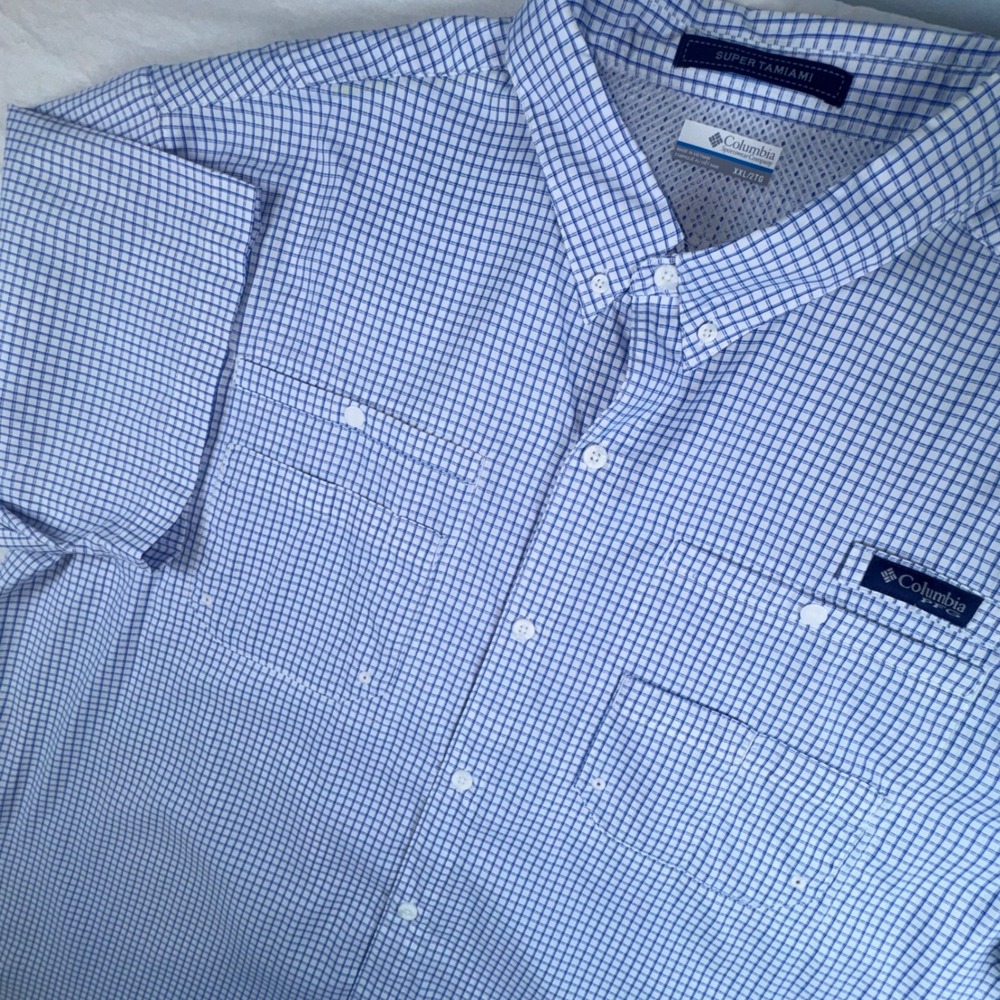 Columbia PFG Super Tamiami Shirt Mens XXL Blue White Plaid Short Sleeve FM7189